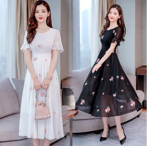 Женское длинное шифоновое платье размера плюс с цветочной вышивкой v образным