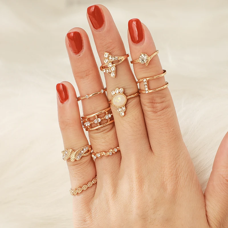 Docona Bohemian 9pcs/sets Gold Color Clear Crystal Opal Stone Rings Sets Geometric Women Jewelry Accessories A27303 | Украшения и
