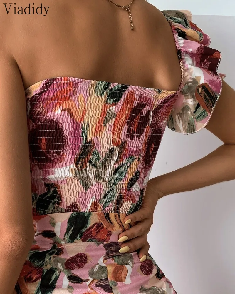 

Women Sweet 2pcs Suit Floral Print Single Shoulder Shirring Backless Bandeau Top and High Waist Ruched Ruffles Skirts