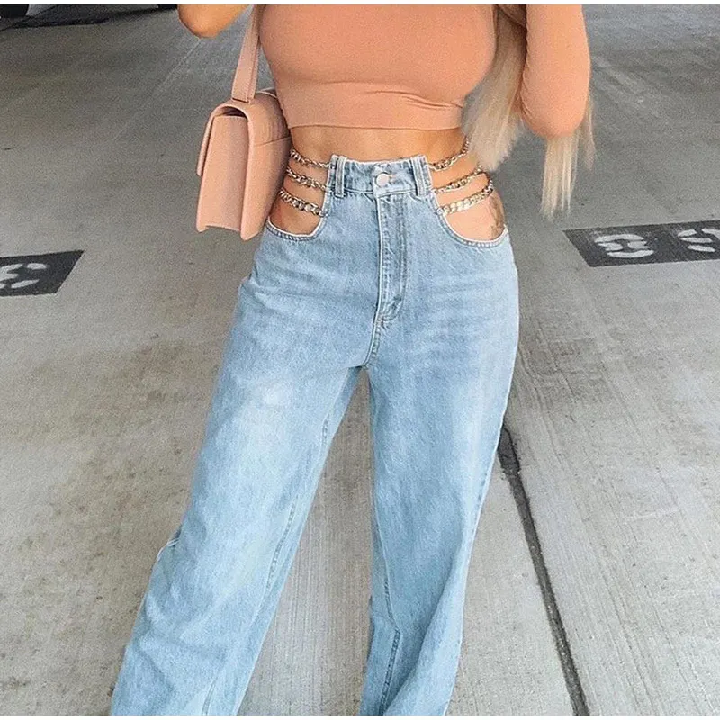 

2021 Summer Sexy High Waist Jeans Women Washed Chain Straight Side Hollow Patchwork Blue Long Pants Zipper Pocket Denim Trousers