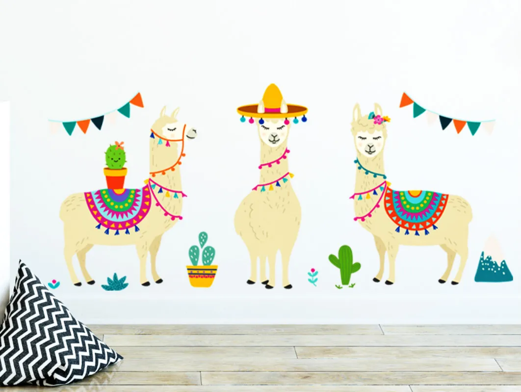 

Праздничные наклейки на стену с изображением альпаки, Мультяшные художественные росписи для гостиной, спальни, детской комнаты, детского с...