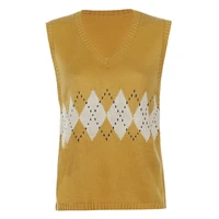 Women Knitted Loose Sleeveless Vest V-Neck Argyle Plaid Pattern Sweater Tank Top