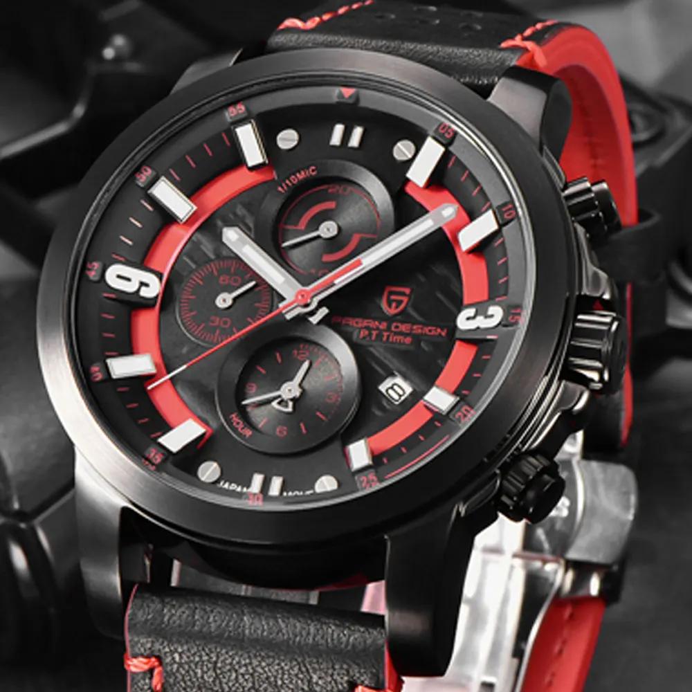 43 мм Pagani Дизайн черный циферблат кварцевые часы кожаный ремешок мужские для