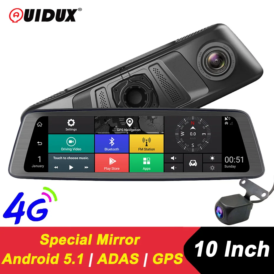 QUIDUX 10 дюймов Android Зеркало заднего вида 4G Видеорегистраторы для автомобилей FHD 1080P