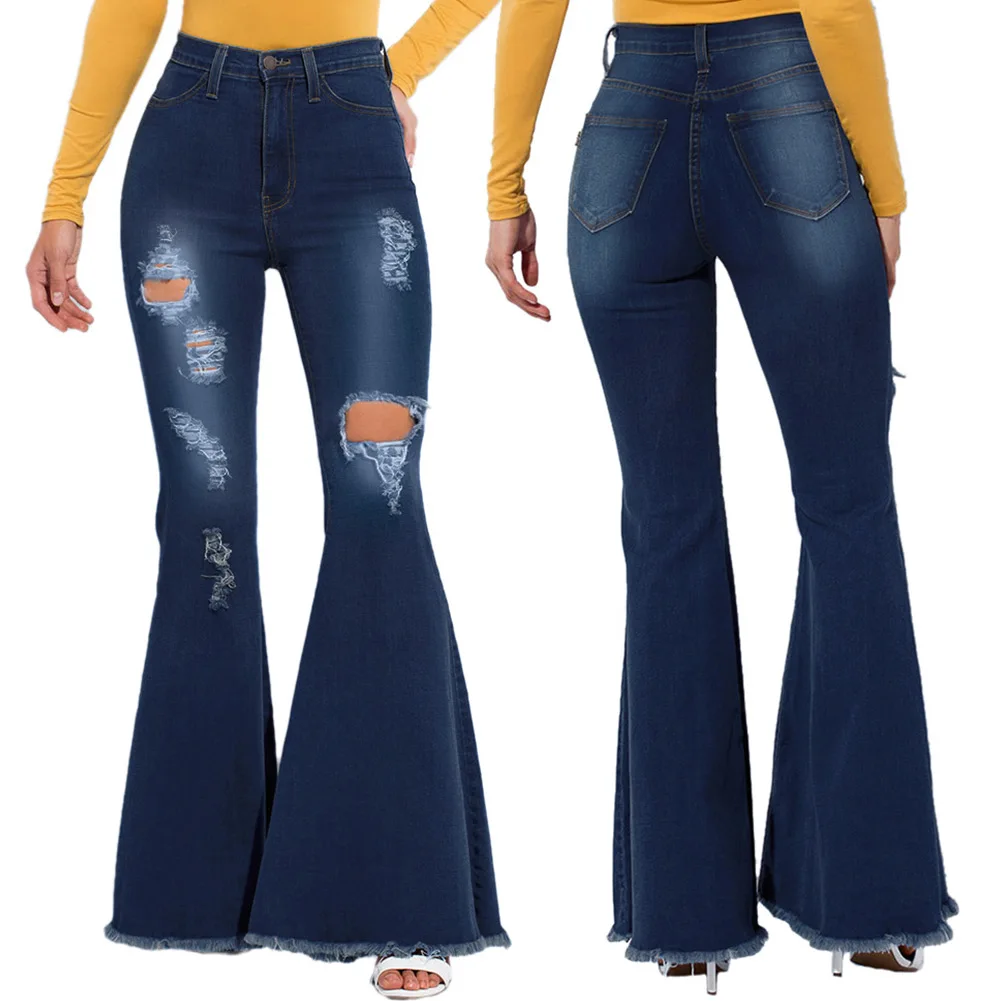 

Women Bell Bottom Jeans Pants High Waist Stretchy Knee Ripped Denim Trousers SER88