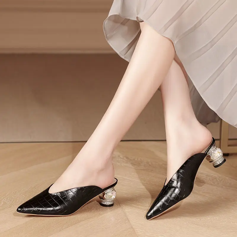 

Close Pointed toe Slippers Woman,Summer Heels Sandals,Girls Rhinestone Heel Shoes,Outside Wearing Slides,BLACK,BEIGE,Dropship