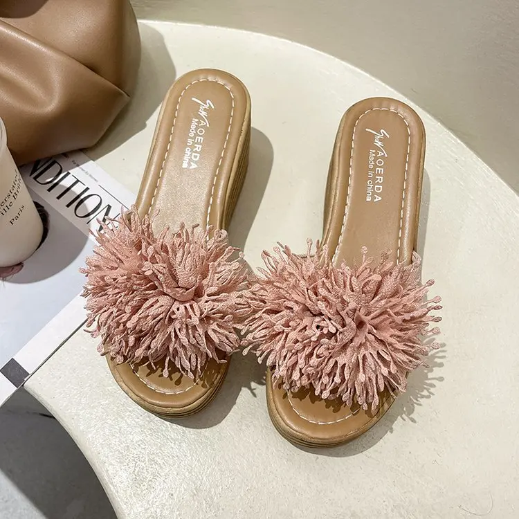 

On A Wedge Slippers Women Summer Shoes Shale Female Beach Heeled Mules Slides Fashion Loafers Pantofle Sabot High Luxury 2021
