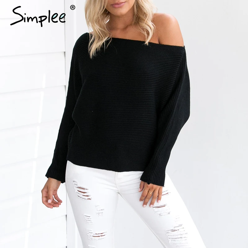 Simplee Off shoulder sexy elastic knitting pullover female Bat long sleeve knitted sweater women Fashion jumper pull knit shirt | Женская