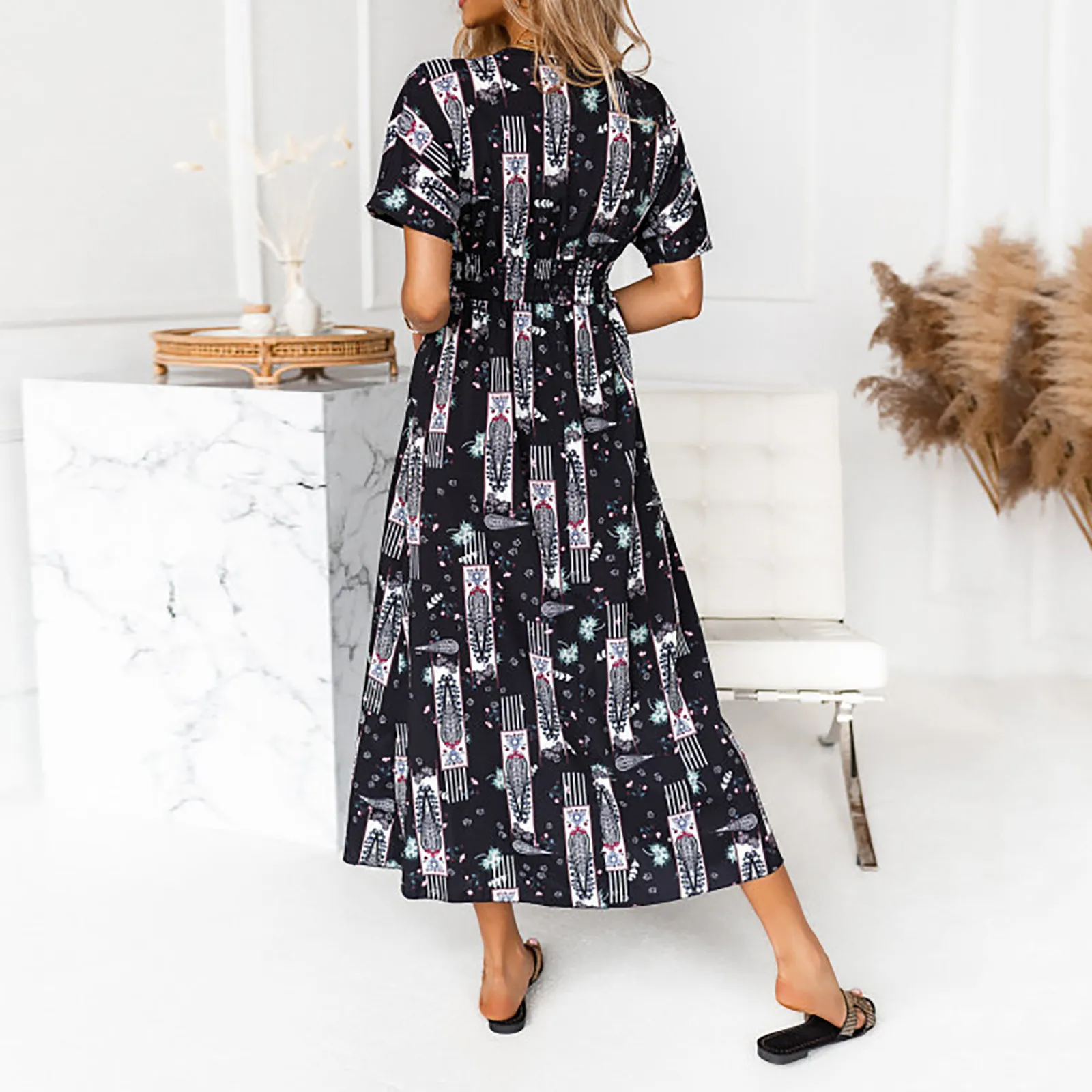 

Summer Dress 2021 Women's Dresses Casual Fashion Printed V-neck Short Sleeve Dress Woman Loose Elegant Evening Party Dress