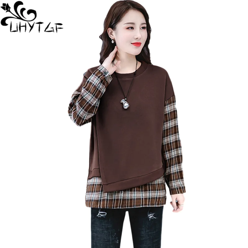 

UHYTGF Fake Two Spring Autumn T-Shirts Women Fashion Stitching Elegant Top Female Long Sleeves Loose Thin Bottoming Clothing1977