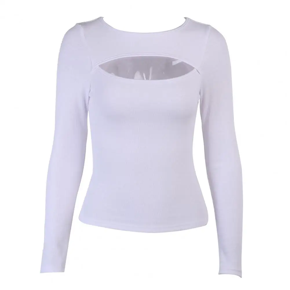 

Women Sexy Chest Hollow Out Long Sleeve Round Neck Slim Knitwear Basic Blouse Slim Knitwear Basic Blouse