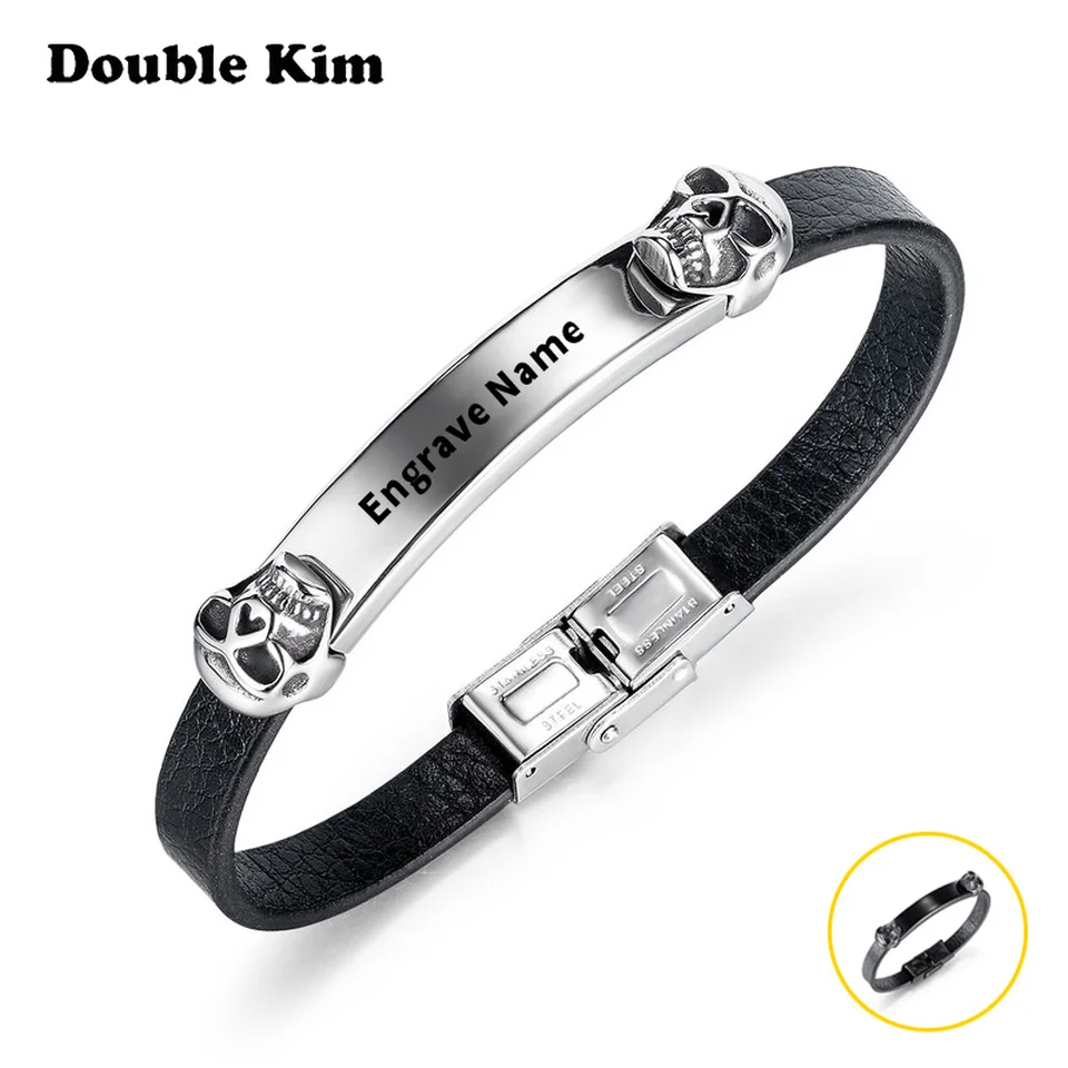 

Customized Men's Skull Bangle Leather Weave Bracelet Stainless Steel Material DIY Engrave Name Date Trend Fashion Jewelry Gift
