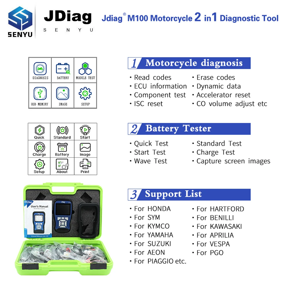 Сканер диагностический JDiag M100 для мотоциклов инструмент сканирования тестер