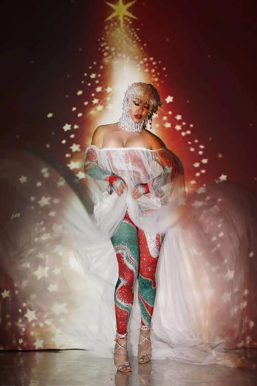 Christmas Sexy Women Skinny Red Green Rhinestone Tube Top Long Sleeves Jumpsuits with Hat Party Prom Women Performance Costumes