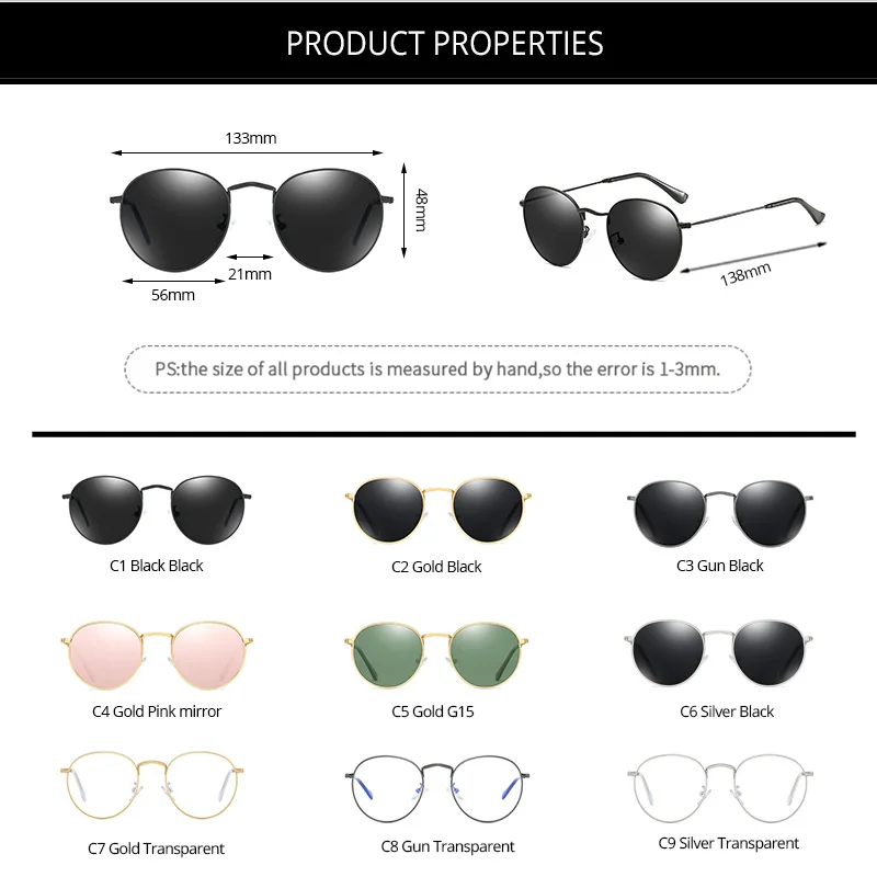 

COASION Round Sunglasses Women Polarized Classic Vintage Shades for Women Men Metal Frame Mirror Lens UV400 zonnebril CA1168