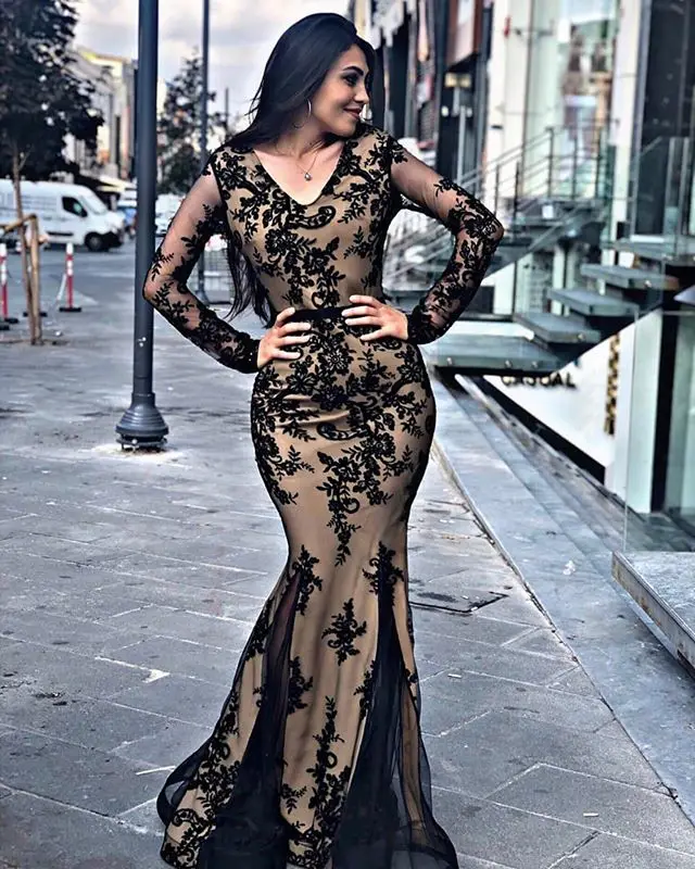 Сексуальное черное кружевное вечернее платье Русалочки 2019 с длинным рукавом