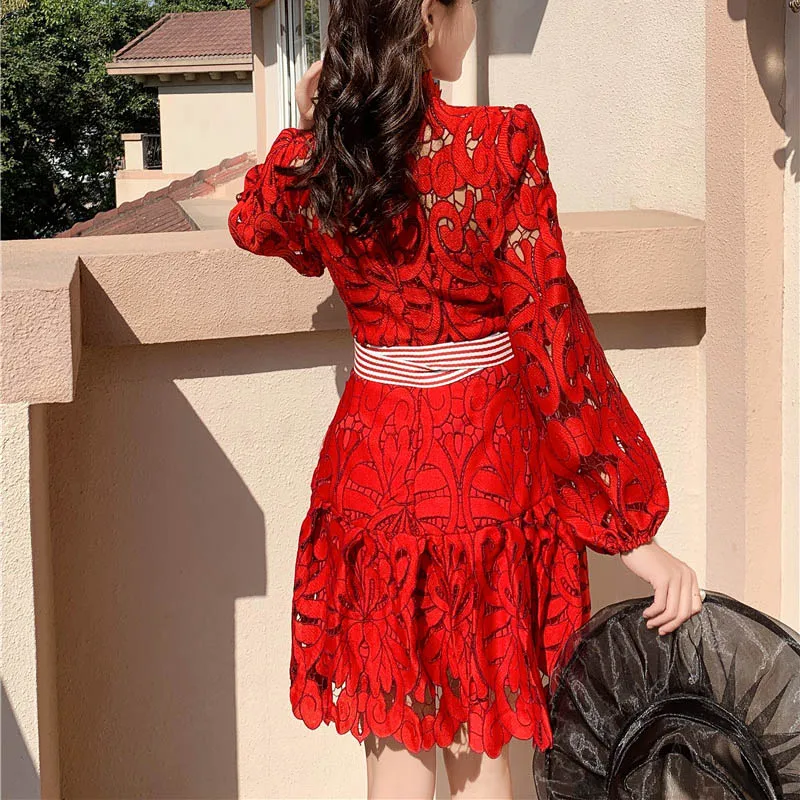 

Runway Dress Floral Embroidery Hollow Out Lace Dresses Women Ruffles Stand Collar Single-Breasted Sashes Mermaid Short Dress