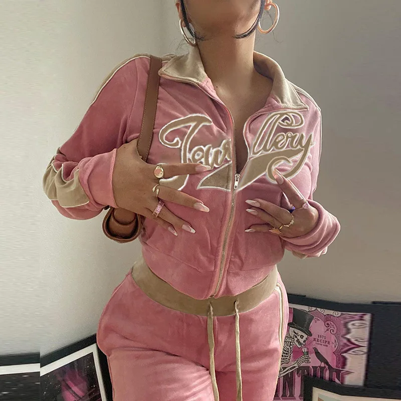 

Printed Velvet Sweater Suit Women Urban Fashion Zipper Sportswear Straight Sweater Casual Wear 2021 Fall/winter Women's Clothing