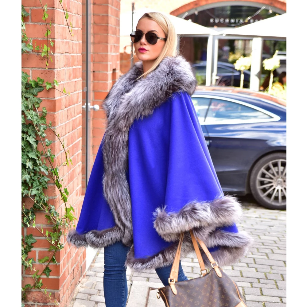 Fashion Royal Blue Natural Silver Fox Fur Wool Blends Capes Winter New Genuine Woman Real Fox Fur Cashmere Ponchos Plus Size