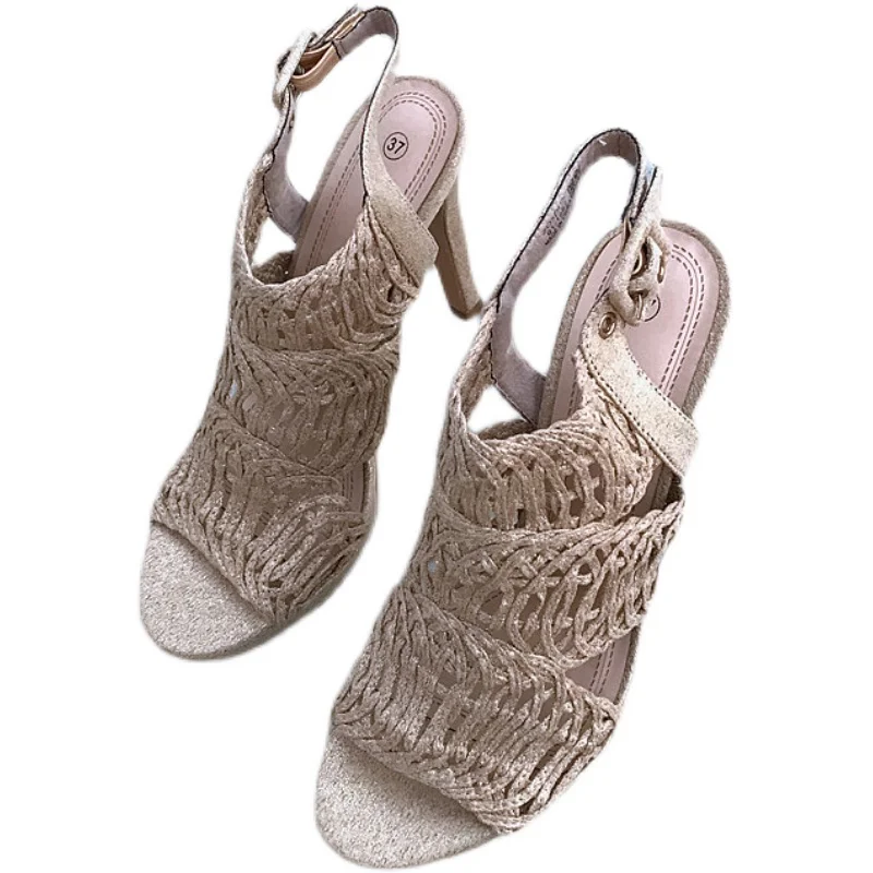 

Large Size Sandals Stiletto Heels Female Shoe Espadrilles Platform Big Girls Comfort Beige Fashion High Velvet High-heeled Sexy