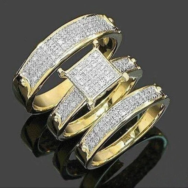 

3 Pieces of Luxury Gold Wedding Ring Set Crystal Diamond Ring Jewelry