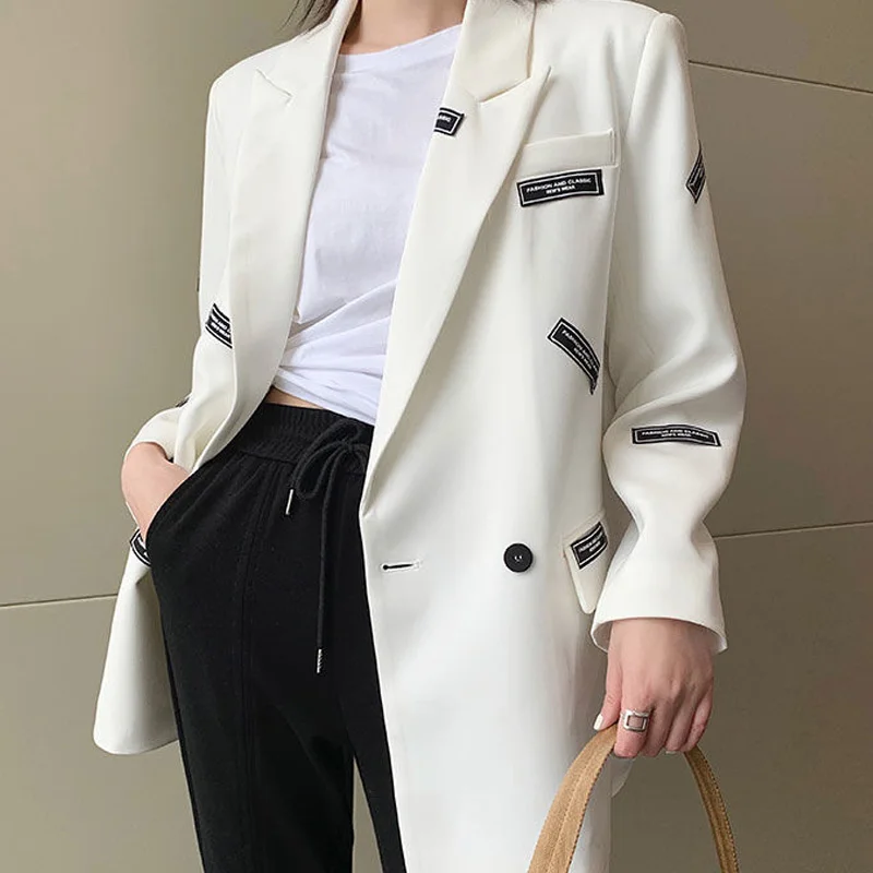 

Loose Women's Long Sleeved Jacket Blazer With Patch Design Fashionable English Black Jacket White Plus Size Festival Korean