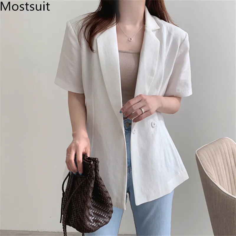 Женские льняные блейзеры с коротким рукавом повседневные однотонные пиджаки