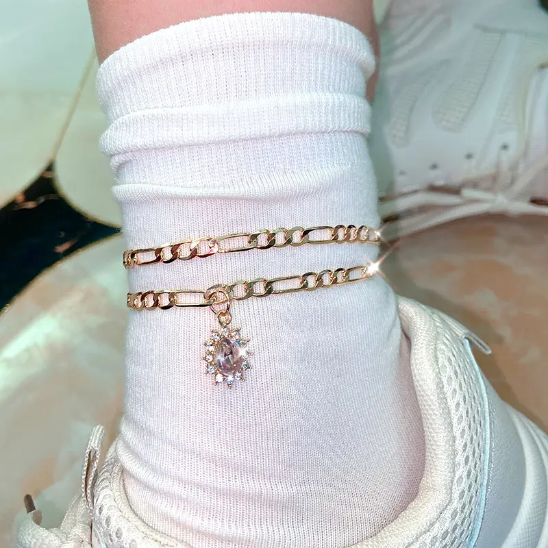 

Kasajewel 2Pcs/Set Fashion Luxury Geometric Crystal Anklets Bracelets For Women Summer Foot Chain Beach Barefoot Jewelry Gift