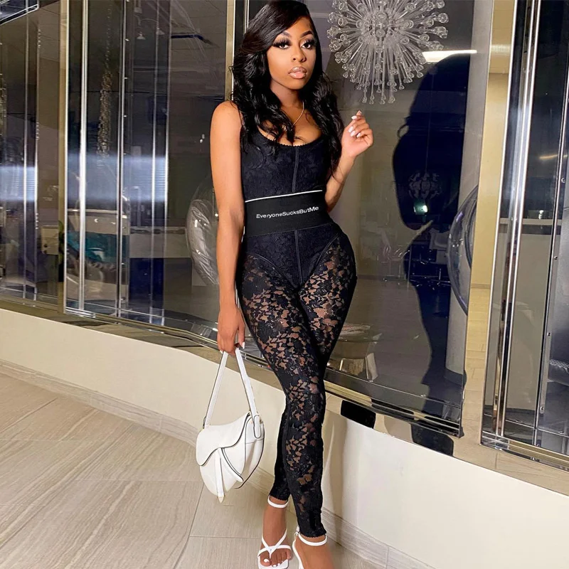 Кружевной Однотонный черный топ без рукавов Комбинированные брюки свободная и