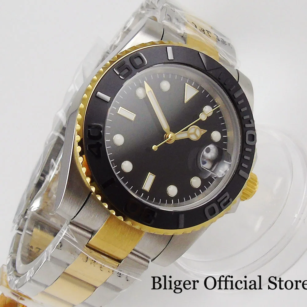 Часы BLIGER мужские с золотым покрытием сапфировым стеклом PT5000 24 Драгоценности Japan