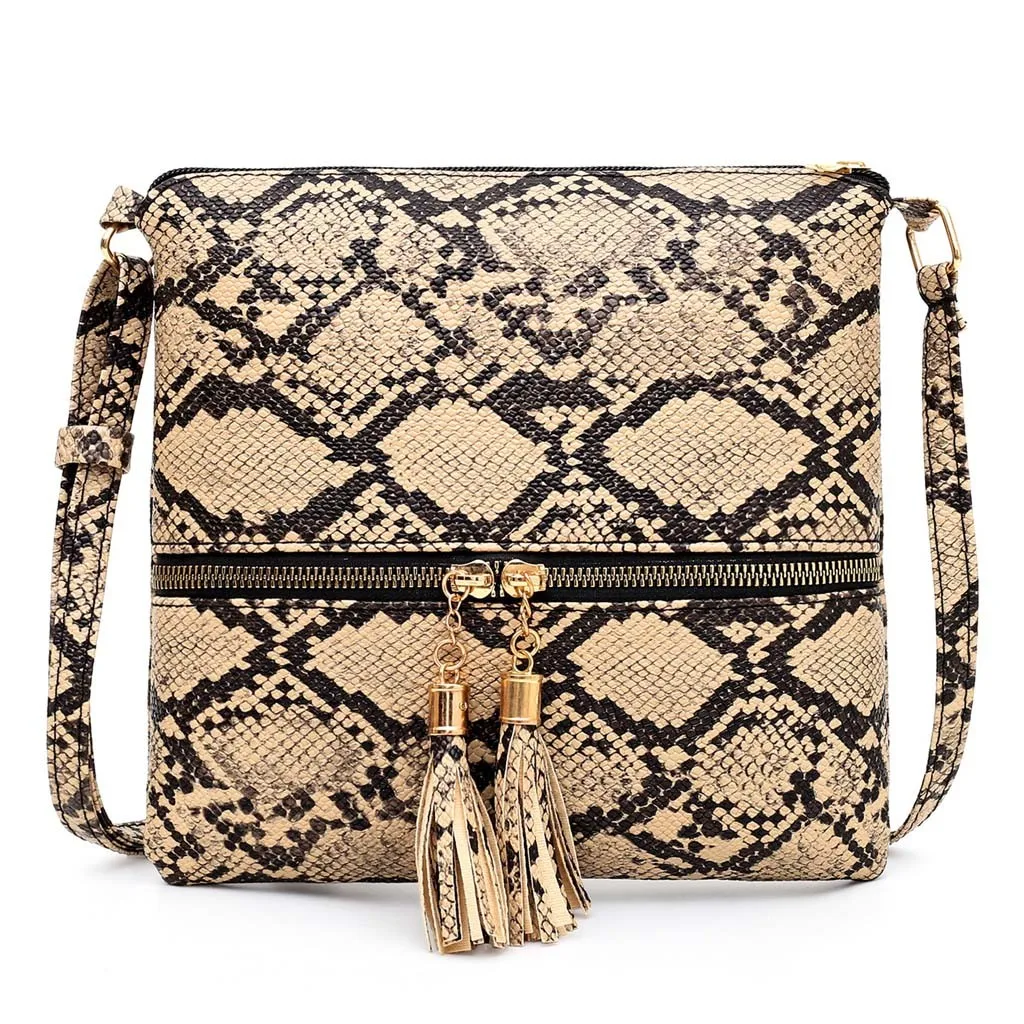Fashion Women Tassel Snake Printing Zipper Messenger Bag Handbag Shoulder Bag Elegant Small Square Bags#YJ