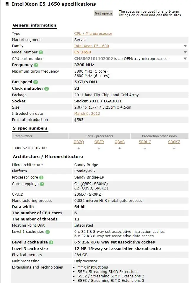 

Xeon E5-1650 Six-Core Processor 3.2GHz 8GT/s 12MB 12 threads LGA 2011 CPU CPU 100% normal work