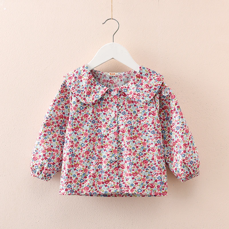 

Рубашка с длинным рукавом для маленьких девочек, Модная хлопковая блузка с отложным воротником и цветочным принтом, одежда для детей, весна-...