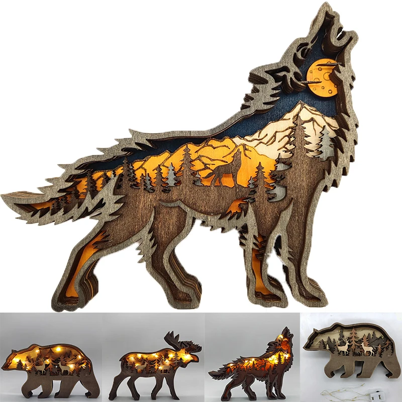 

Wooden Animal Wolf Statue Creativity Office Crafts North Forest Wolf Totem Elk Brown Bear Ornaments Christmas Gift Home Decorate
