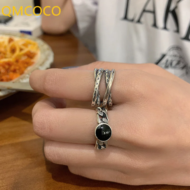 

QMCOCO Silver Color Open Adjustable Rings For Women New Fashion Vintage Black Stone Multilayer Geometric Party Jewelry Gifts