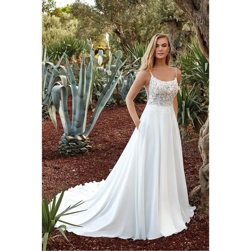 

Ivory Lace Satin Chiffon Spaghetti Straps Floor-Length A-Line Wedding Gowns Chapel Train Bridal Dresses Custom Made