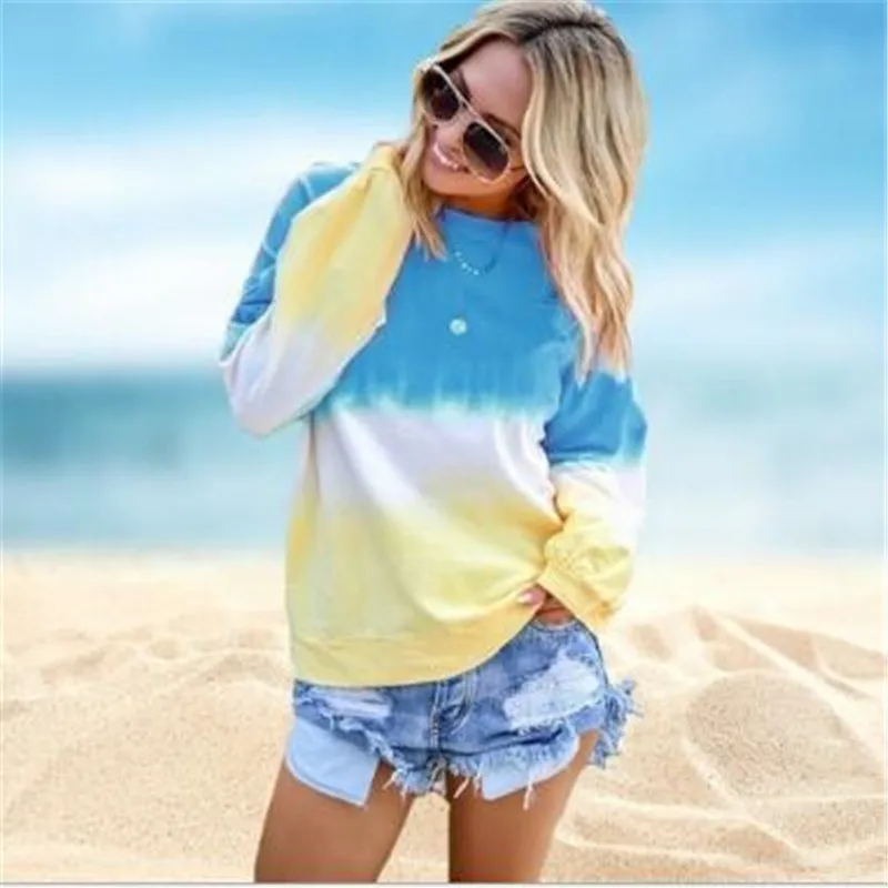 

Женская весенняя одежда радужной расцветки с градиентным принтом, с длинными рукавами и круглым вырезом, женская уличная одежда