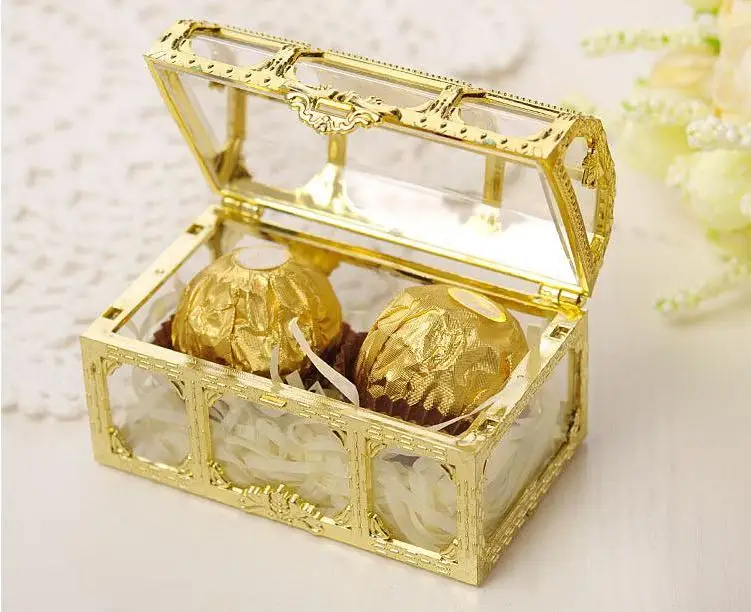 

Treasure Chest Candy Box Gold Silver Transparent Plastic Wedding Favor Boxes Baby Shower Gift Box Wholesale