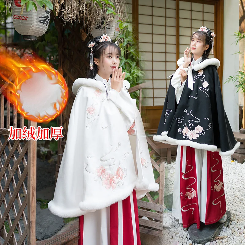 

hooded hair collar medium long cloak traditional daily Chinese clothing women's wool warm Cape Han element woolen coat