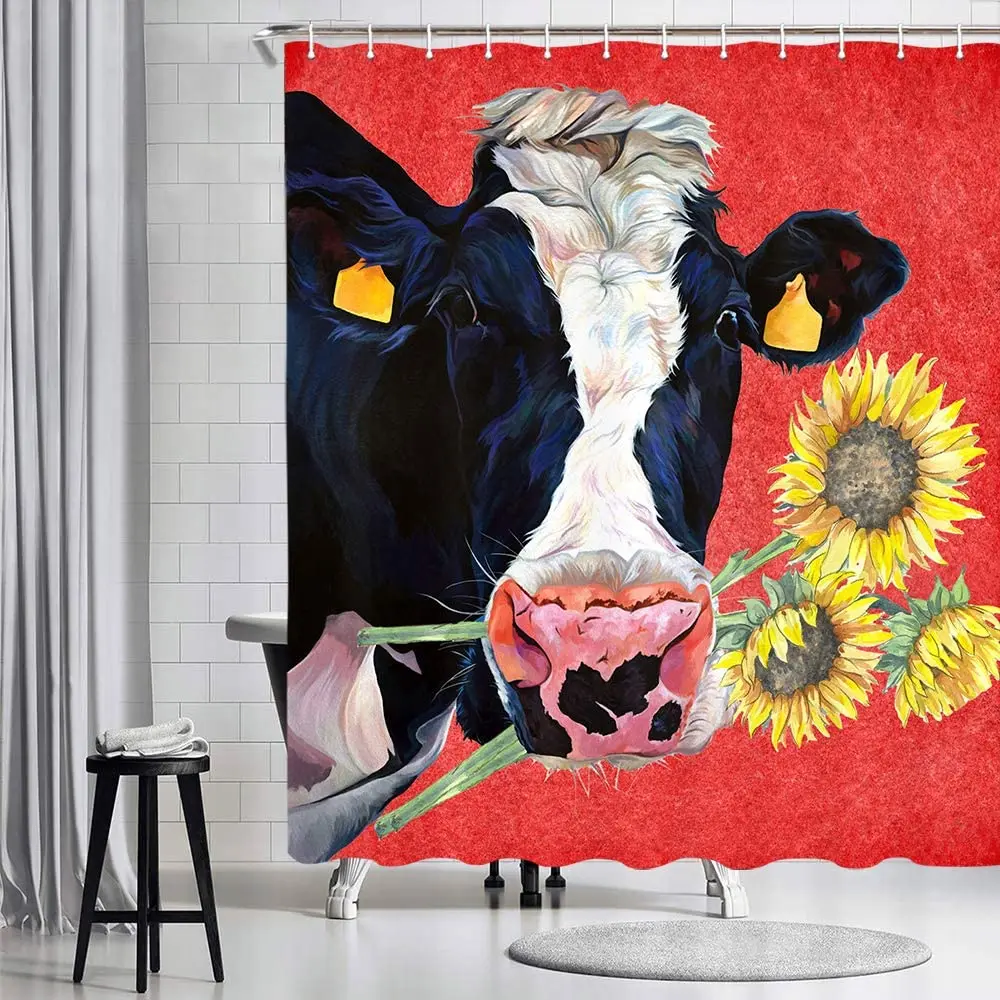 

Rustic Funny Black Farm Cow Sunflower Shower Curtain Farmhouse Animal Black and Red Calf Cattle Dairy Barnyard