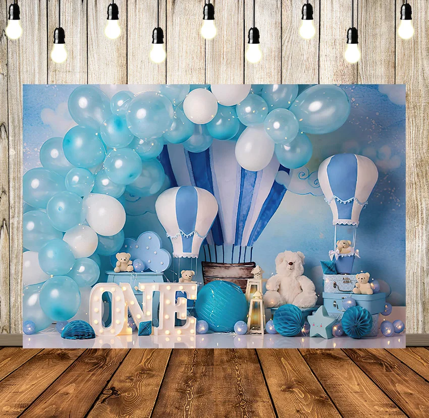 

Фон для фотосъемки Синий воздушный шар медведь мальчик 1-й день рождения торт разбивать Портрет фон фото студия реквизит
