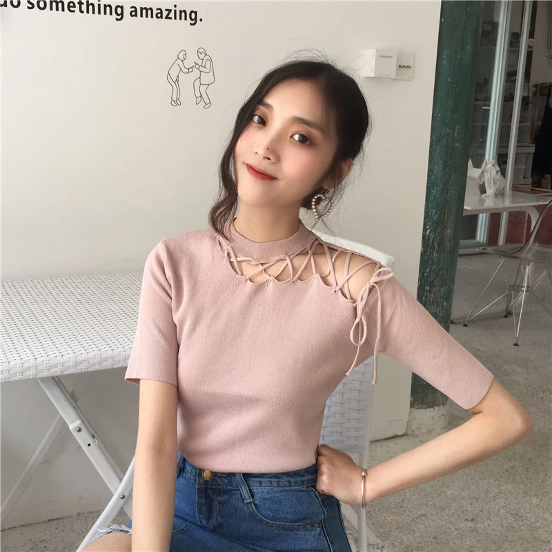 

Summer Off Shoulder Top Shirt Knitted Sexy Women Hollow Out Bandage T-shirt Female Korean Fashion Chic Clothes Short Sleeve