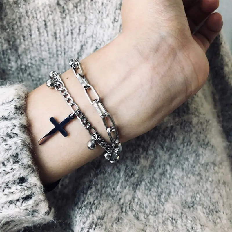 

Rock Streetwear Circles Cross Ball Chain Multi Layer Hiphop Bracelet Jewelry