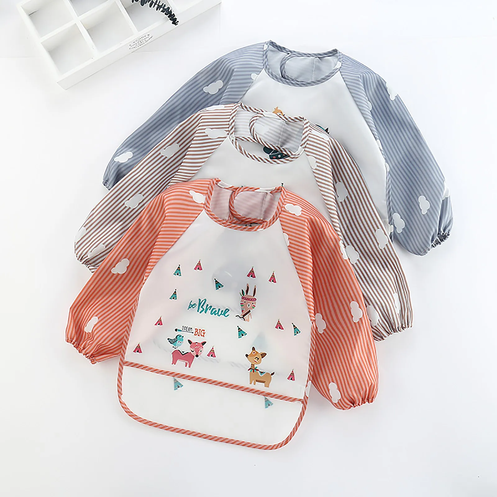 

2021 3pc Baby Waterproof Long-sleeved Striped Cartoon Bib inverted gown Saliva Dripping Bibs Babador Bandana Baby Apron Bibs