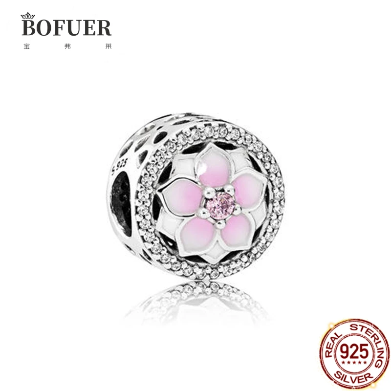 

BOFUER Spring 925 Pink Flower Charms Fit Original Pandora Silver 925 Bracelet DIY Making Women Jewelry Pendant 431B
