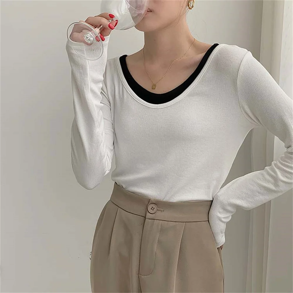 

Новые свободные футболки из двух частей с имитацией двух цветов, облегающие шикарные женские топы на осень 2021, повседневные хлопковые футбо...