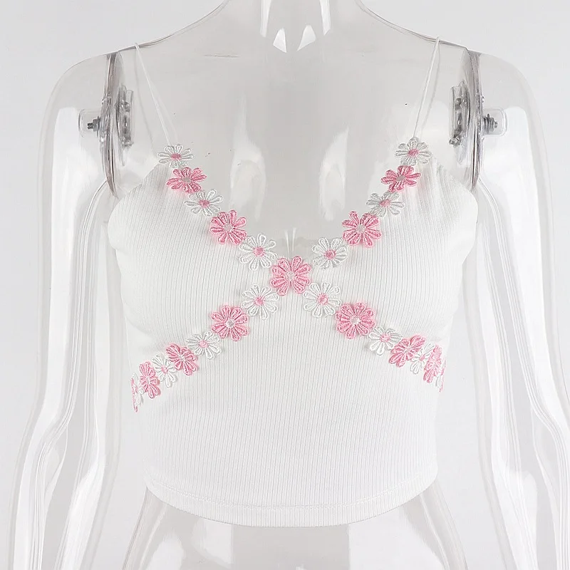 

Y2K EGIRL Y2K Aesthetics Criss-Cross Pink Floral White Cami Top 2000s Fashion Backless Ribbed Summer Crop Tops Kawaii Vintage