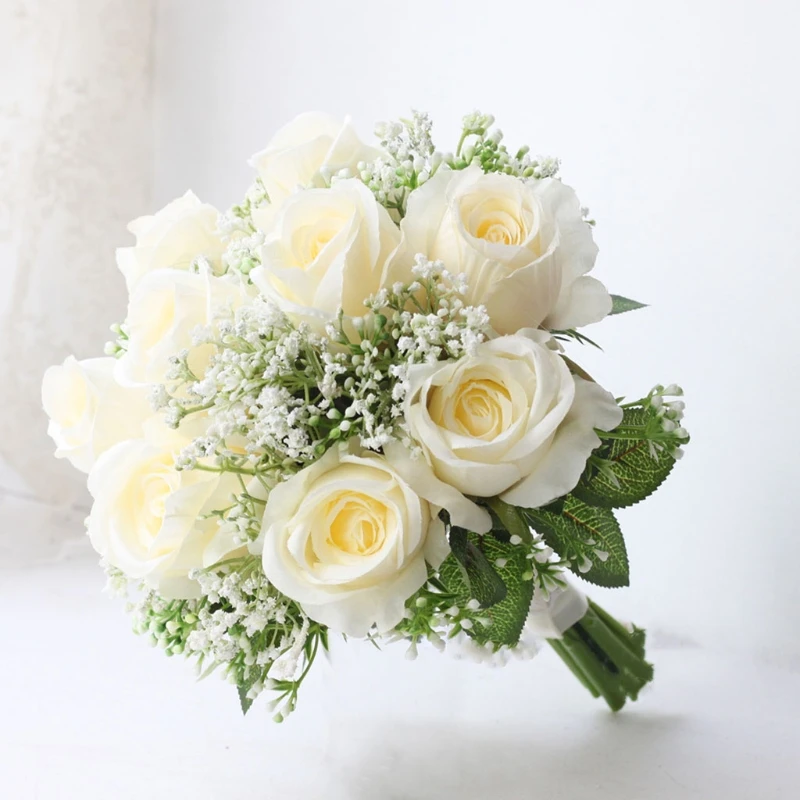 

Artificial Flower Roses with Babysbreath Leaves Realistic Wedding Bridal Bouquet AXYD