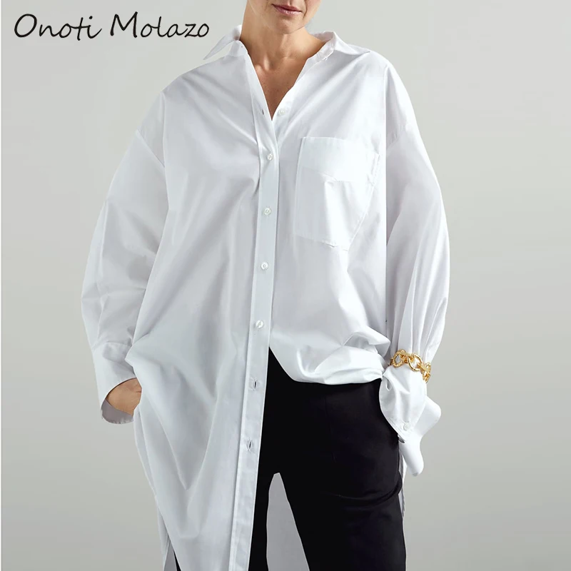 Onoti Molazo однотонная Повседневная Блузка Для женщин футболки Осень свободные
