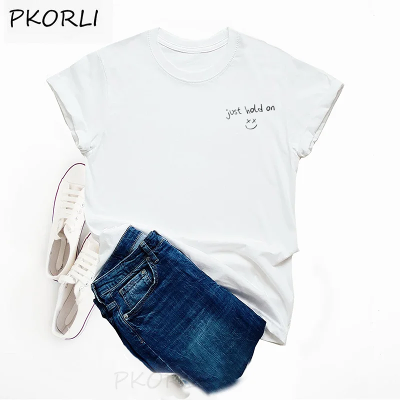 Футболка женская хлопковая с коротким рукавом и надписью Just Hold on|Футболки| |